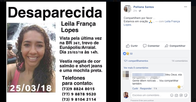 Familiares de Leila divulgaram a foto dela em redes sociais no intuito de receber alguma informao. (Foto: Reproduo/Facebook)