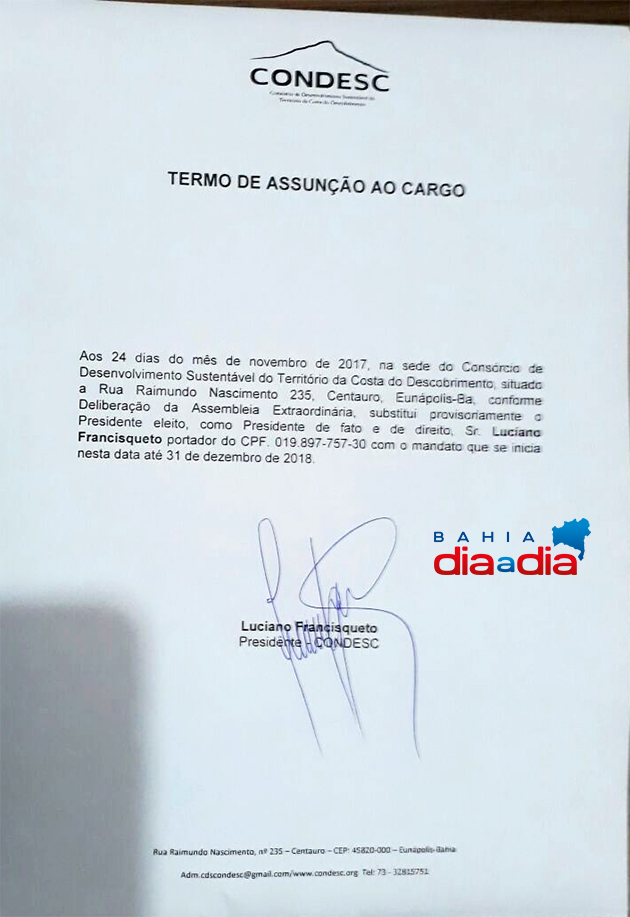 Termo de Assuno do Cargo de Presidente do CONDESC. (Foto: BAHIA DIA A DIA)