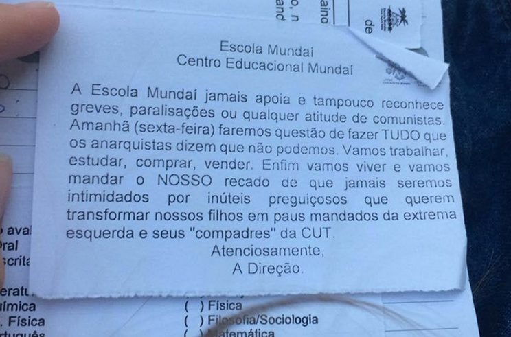 Bilhete de escola de Porto Seguro contrria  greve geral provoca revolta na populao