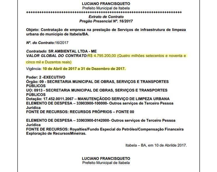 Valor do contato da coleta de lixo é de aproximadamente 5 milhões pelo período de nove meses. Valor do contato da coleta de lixo é de aproximadamente 5 milhões pelo período de nove meses.