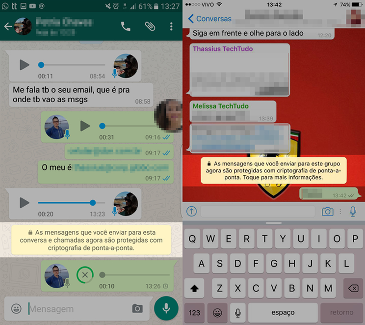 WhatsApp informa em grupos e chats individuais sobre mensagens criptografadas (Foto: Reprodução) WhatsApp informa em grupos e chats individuais sobre mensagens criptografadas (Foto: Reprodução)