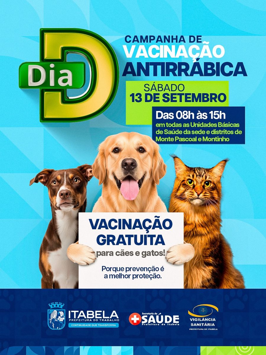 Dia D de Vacinao Antirrbica para ces e gatos em Itabela acontece neste sbado (13)