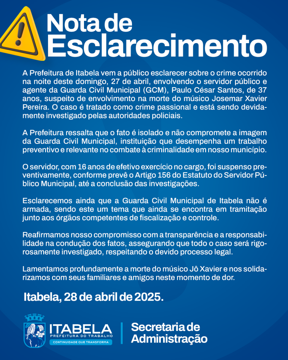 Servidor Pblico de Itabela  suspeito em caso de crime passional ; Prefeitura emite nota 
