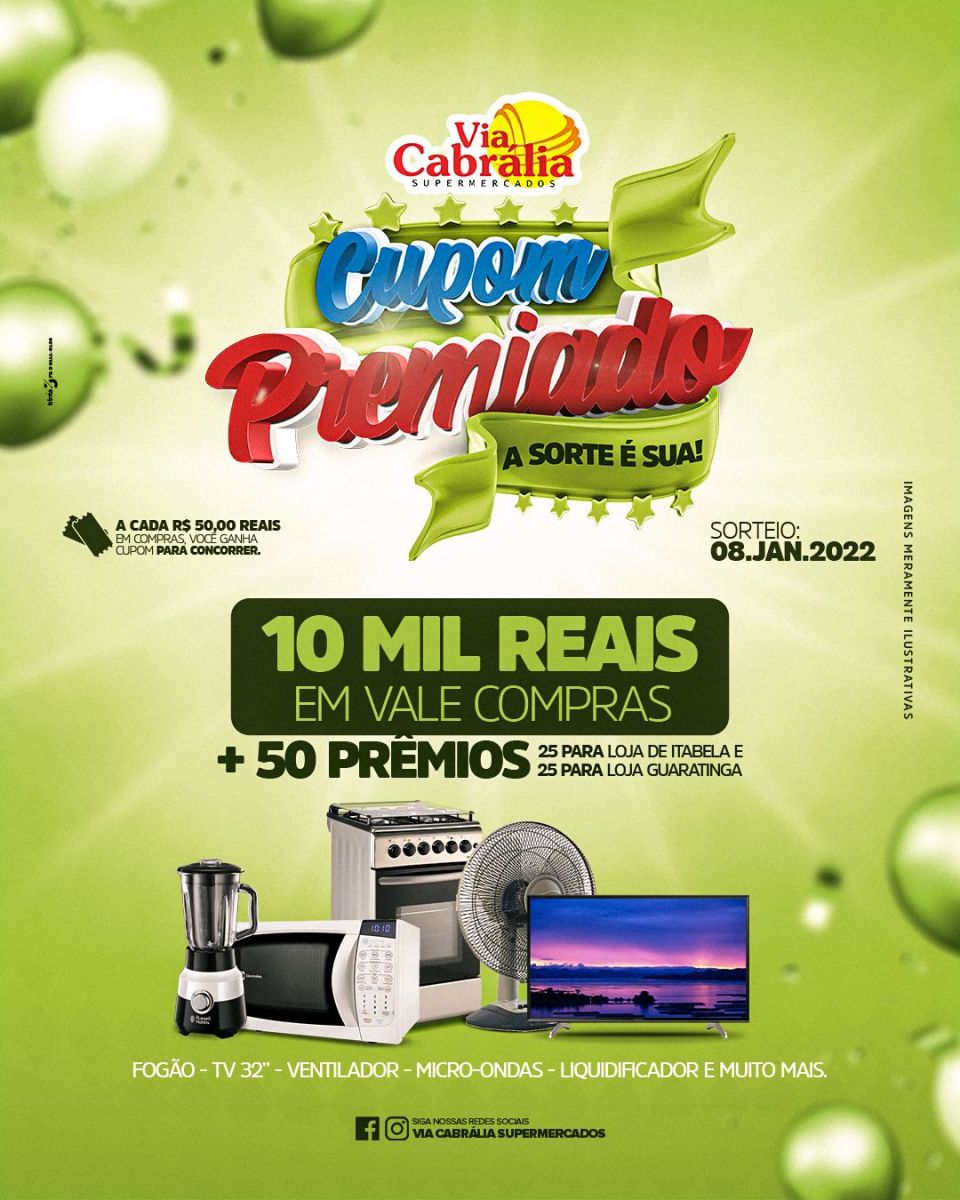 Promoo do Via Cabrlia Supermercados ir sortear R$ 10 mil em vale compras mais 50 prmios