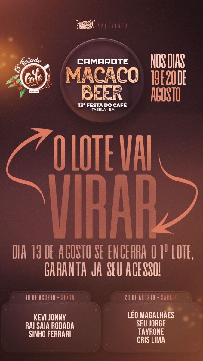 Camarote Macaco Beer oferece Open Bar Devassa, conforto e vista privilegiada da 13 Festa do Caf