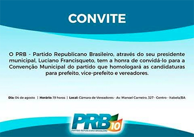 PRB convida populao para conveno municipal em Itabela 