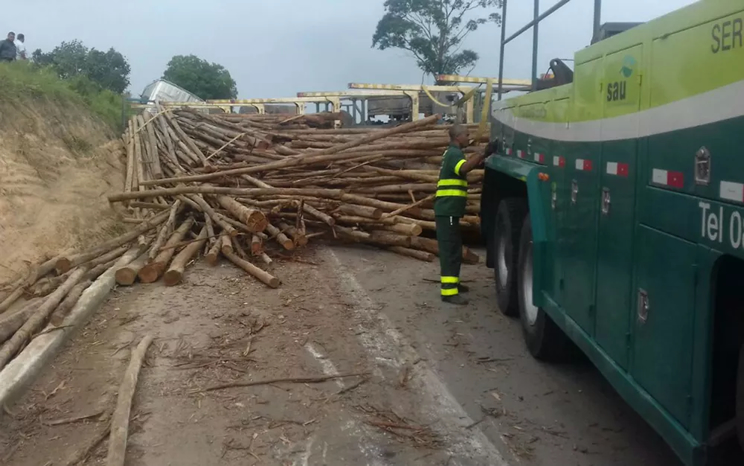 Carregamento de eucalipto ficou na pista (Foto: Divulgao/Polcia Rodoviria Federal)