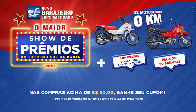 Sero sorteados 2 motos Pop Honda 0Km, 18 bicicletas e mais de 50 prmios