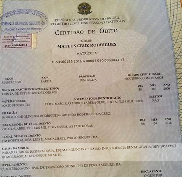 Atestado de bito confirma que Mateus teve febre hemorrgica da dengue grau III. (Foto: Reproduo/Facebook)