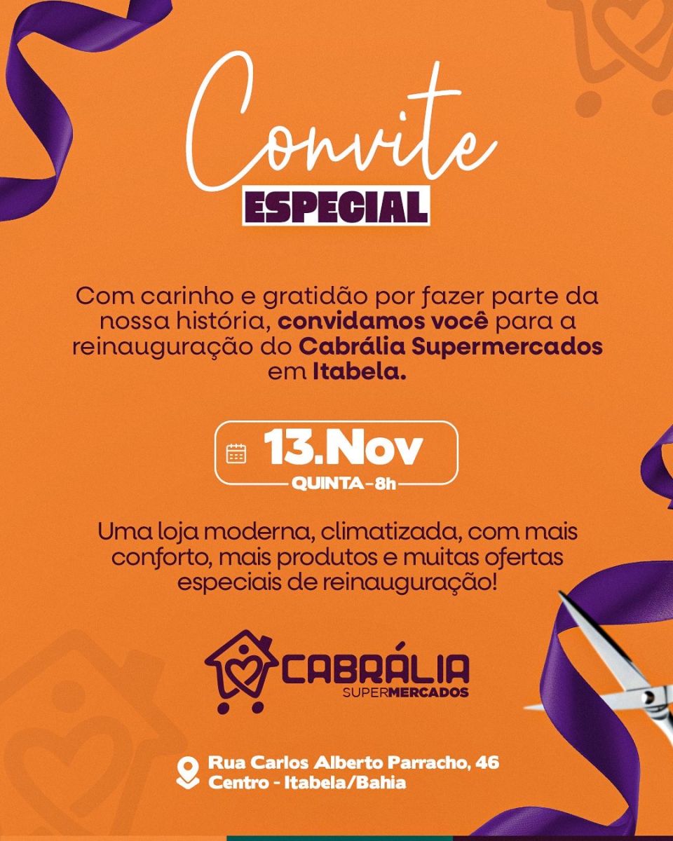Cabrlia Supermercados reinaugura loja em Itabela com nova estrutura, ofertas especiais e programao festiva.